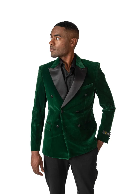 Double Breasted Velvet Blazer -Green Masculine Men's 