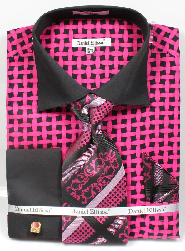 French Cuff Checker Pattern Cotton Shirt in Black/Fuchsia with Tie, Cuff Links and Handkerchief Stylish Men's Neon