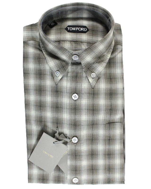 Tom Ford Button Down Sport Shirt Taupe Gray Plaid Check 39 - 15 1/2 REDUCED SALE Sleek Men's Contemporary 