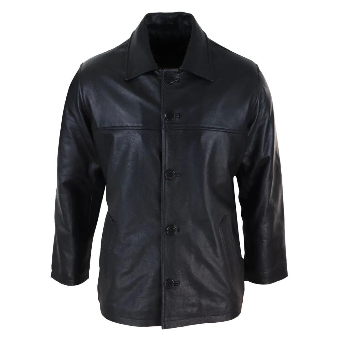 Mens Casual Real Leather Jacket Button Box Black Brown Mid Length Classic Coat Laid