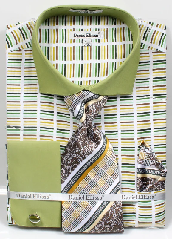 French Cuff Cotton Shirt in Green with Tie, Cuff Links and Pocket Square Relaxed Men's Beach