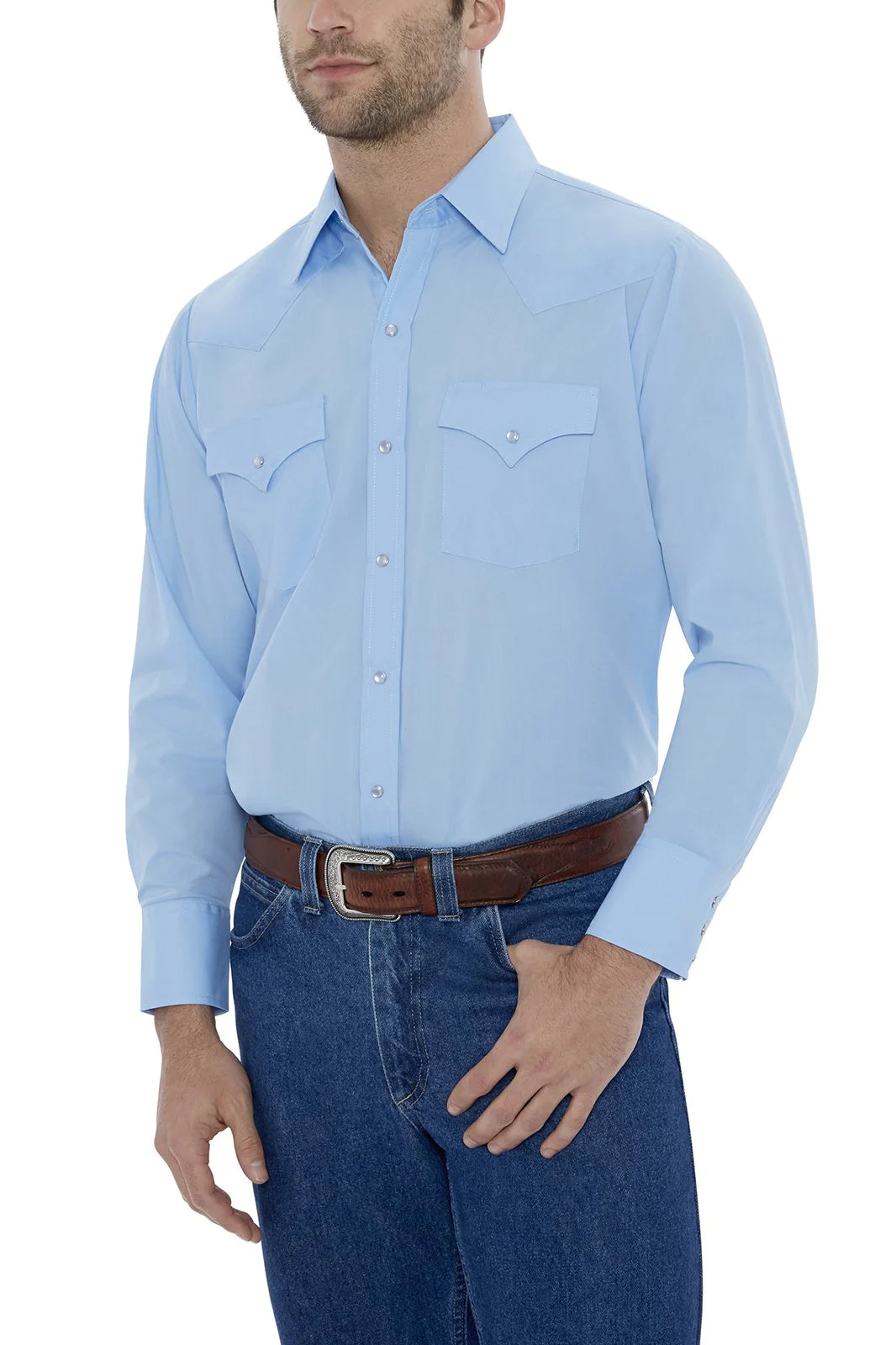 Men's Ely Cattleman Blue Long Sleeve Solid Western Snap Shirt Sharp Men's Italian