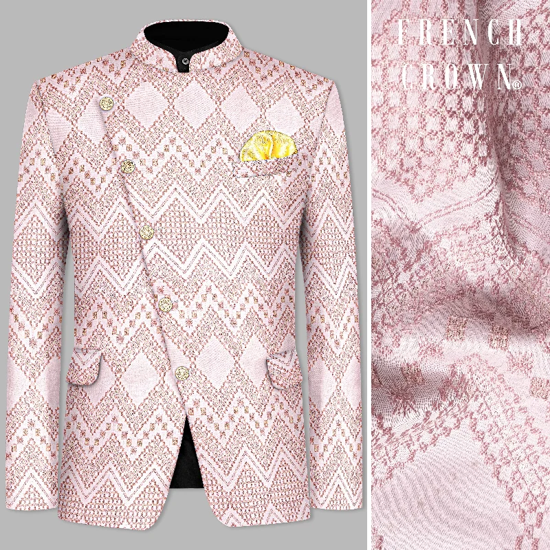 Blossom Pink Thread and Chevron Sequin Embroidered Cross Placket Bandhgala Jodhpuri Elegant Men's Cashmere