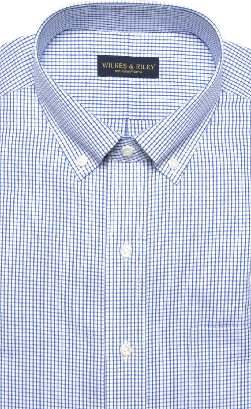 Tailored Fit Blue Check Button-Down Collar Supima® Cotton Non-Iron Pinpoint Oxford Dress Shirt Modern Men's Geometric