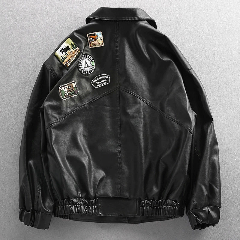 Loose PU Leather Motorcycle Jacket Polished Men's Silk