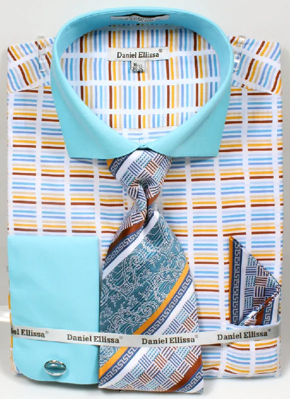 French Cuff Cotton Shirt Set in Turquoise with Tie, Cuff Links and Pocket Square Bold Men's Animal