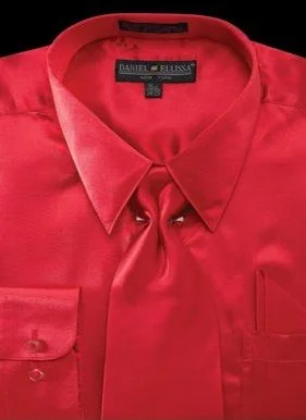 Satin Dress Shirt Convertible Cuff Regular Fit in Red With Tie And Pocket Square Confident Men's Power