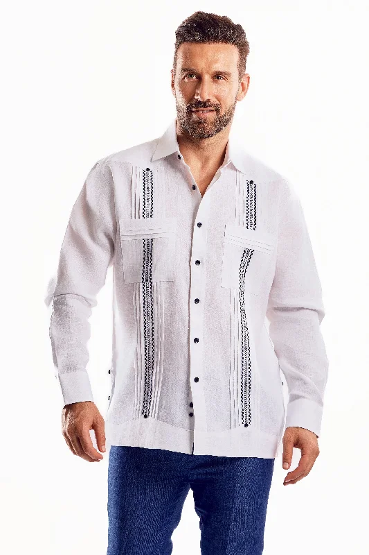 Mojito Men's Embroidery Trimmed Guayabera Shirt Chacabana 100% Linen Long Sleeve Unique Men's Upcycled