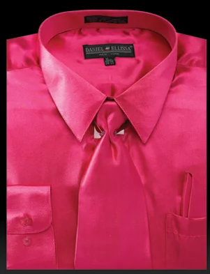 Satin Dress Shirt Convertible Cuff Regular Fit in Fuchsia With Tie And Pocket Square Practical Men's Multi