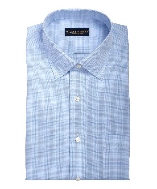 Slim Fit Light Blue Glen Plaid Spread Collar  Supima® Cotton Non-Iron Broadcloth Dress Shirt Casual Men's Short