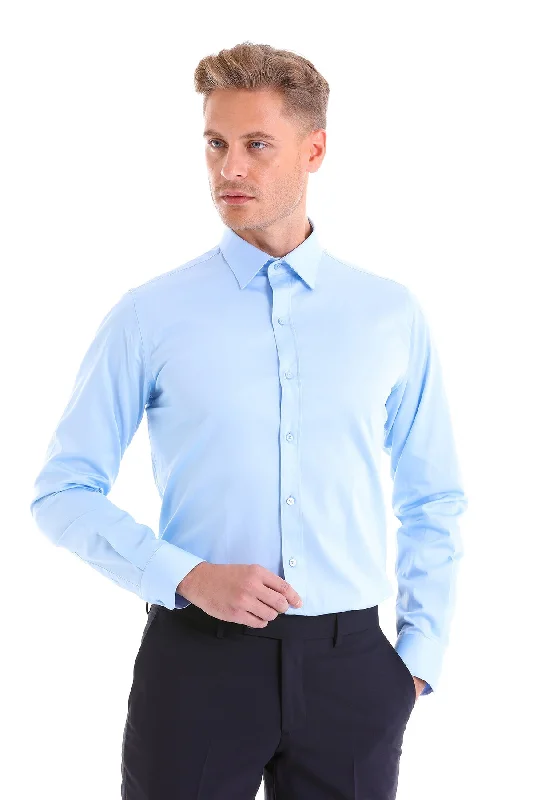 Comfort Fit Classic Collar Cotton Light Blue Dress Shirt Sporty Men's Athleisure 