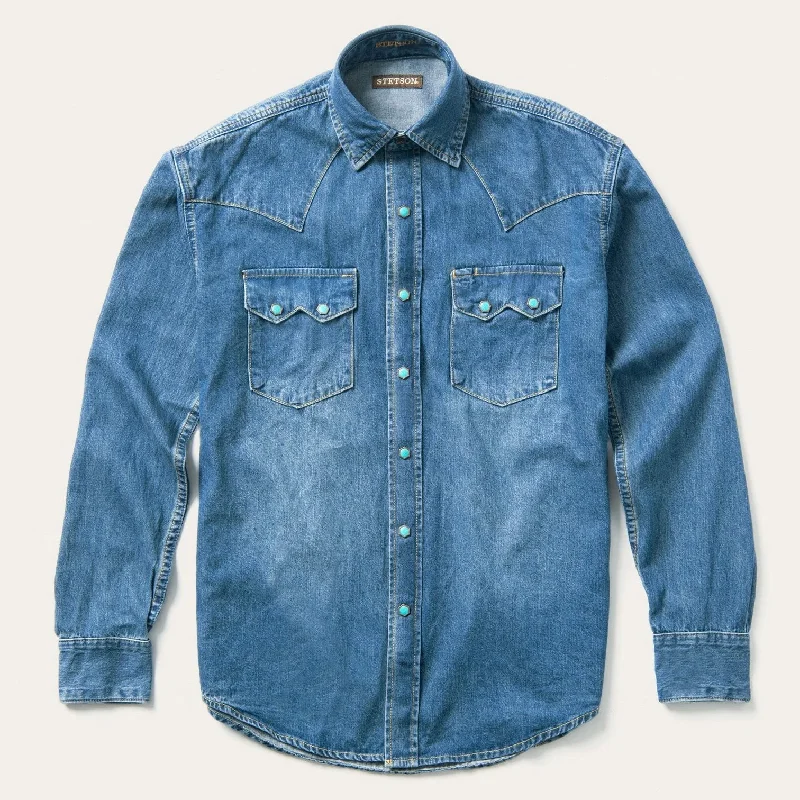 Turquoise Snap Western Denim Shirt Tough Men's Military