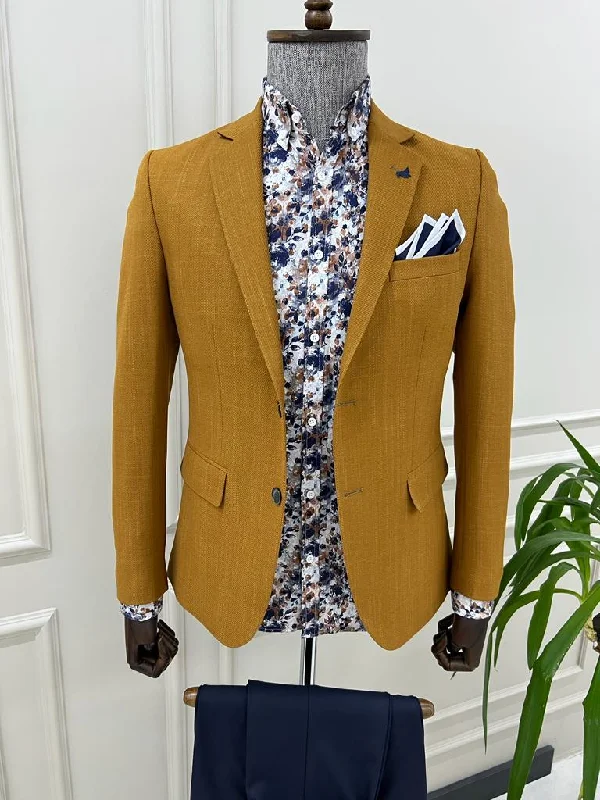 Tampa Mustard Slim Fit Crosshatch Cotton Blazer Cclassic Men's Tweed