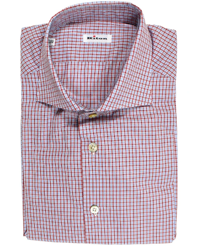 Kiton Dress Shirt White Red Sky Blue Check 42 - 16 1/2 REDUCED - SALE Dapper Men's Bow