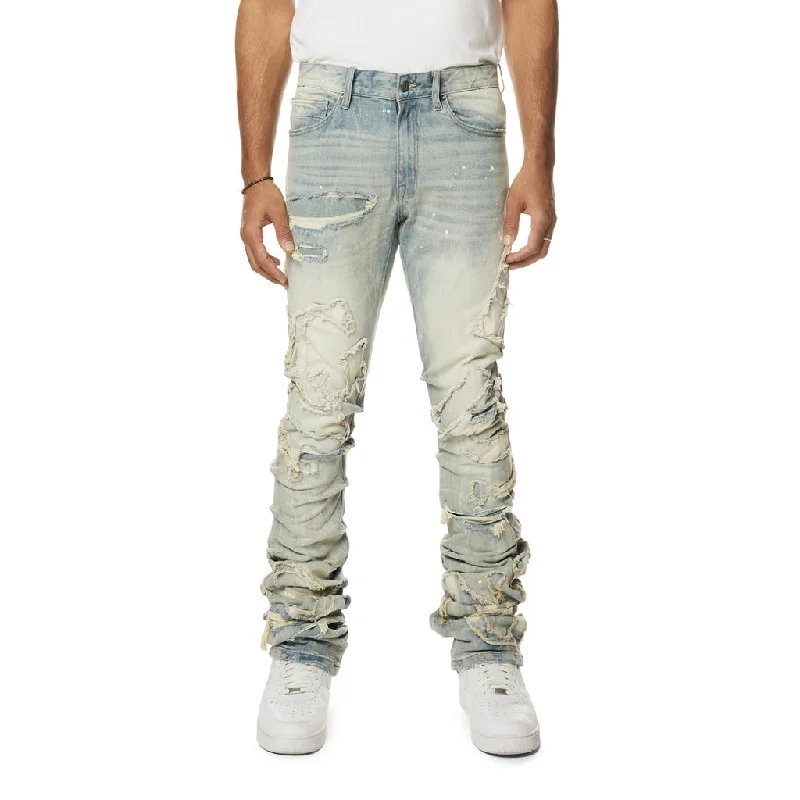 Stacked Cut and Sewn Rip Off Letter Applique Jeans - Seville Blue Streetwear Style