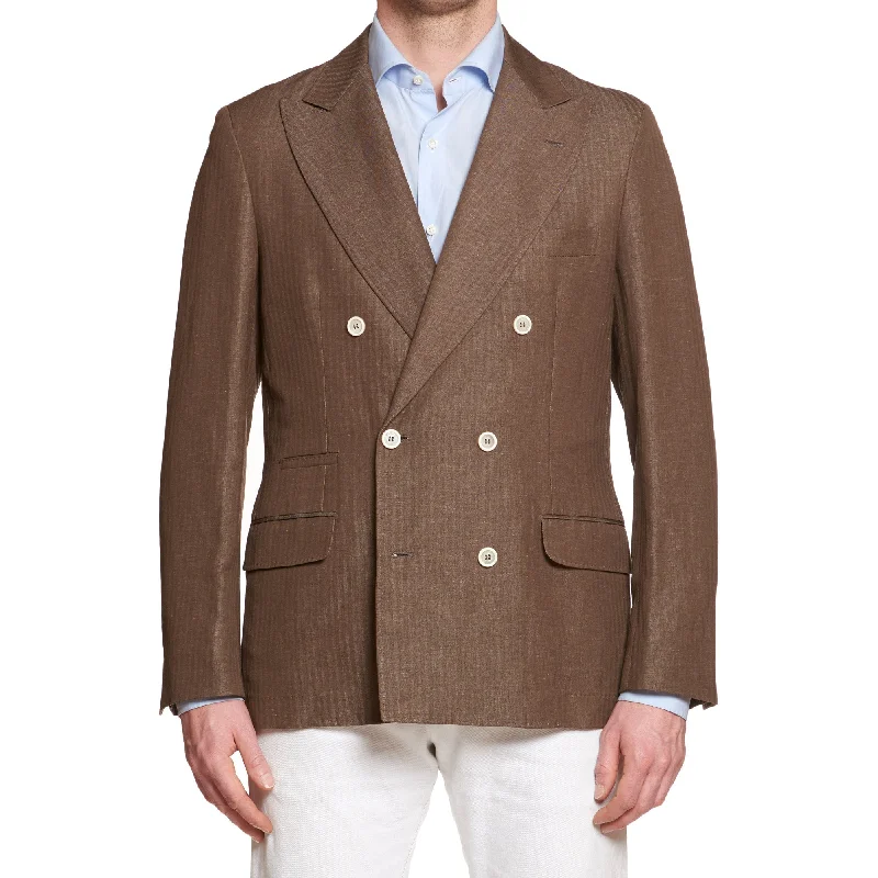 BRUNELLO CUCINELLI Brown Herringbone Wool-Linen DB Jacket EU 52 NEW US 42 Rugged Men's Outdoor 