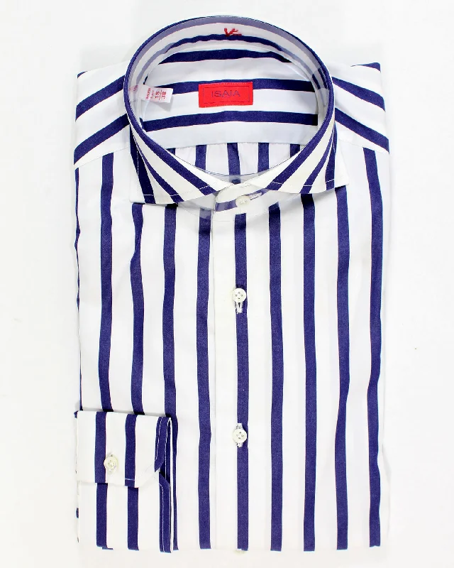 Isaia Dress Shirt White Navy Bengal Stripes 38 - 15 Cool Men's Distressed