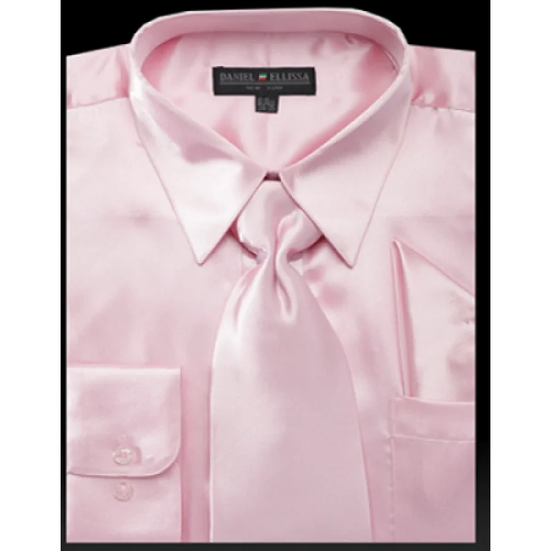 Satin Dress Shirt Convertible Cuff Regular Fit in Pink With Tie And Pocket Square Cclassic Men's Tweed