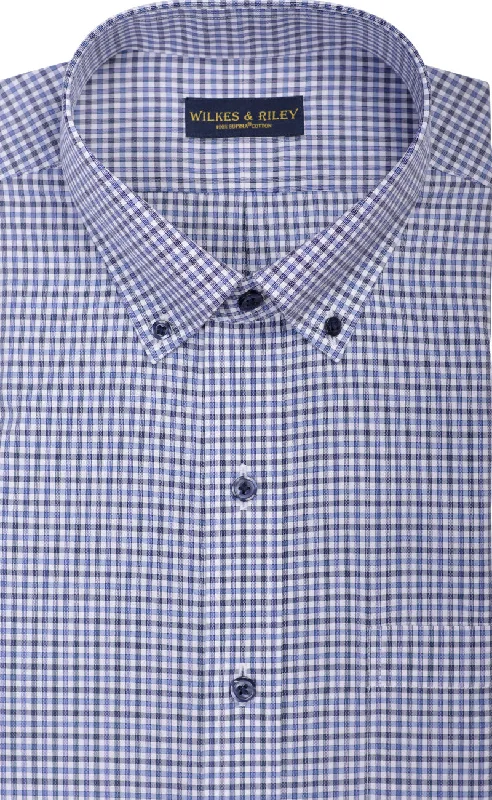 Slim Fit Blue / Dark Grey Mini Check Button Down Collar Supima® Cotton Non-Iron Broadcloth Modern Men's 