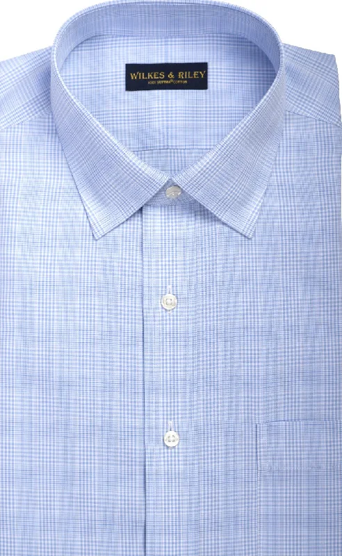 Tailored Fit Light Blue Glen Plaid Spread Collar  Supima® Cotton Non-Iron Broadcloth Dress Shirt Bohemian Men's Free