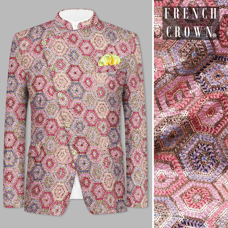 Radical Pink and Rhino Blue Multicolour Thread and Sequin Embroidered Cross Placket Bandhgala Jodhpuri Dapper Men's 1920S