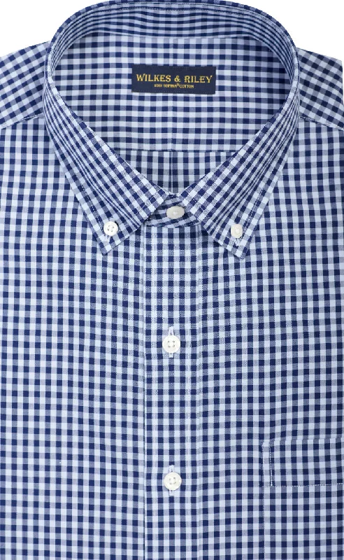 Tailored Fit Navy / Sky Large Gingham Check Button-Down Collar Supima® Non-Iron Cotton Broadcloth Sport Shirt Vacation