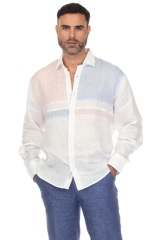 Casual Multi Color Block Design 100% Linen Shirt Long Sleeve Dapper Men's Bow