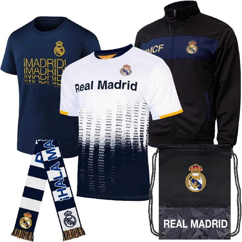 Ultimate Fan Pack: Officially Licensed CF Real Madrid Soccer Bag, Scarf, Jacket & Shirts 5 Piece Value Set Dynamic Men's High