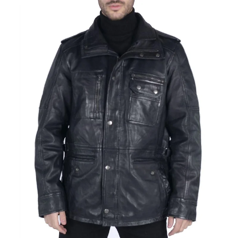 Mens 3/4 Tailored Fit Safari Parka Jacket Genuine Real Leather Military Black Unique Men's Patch