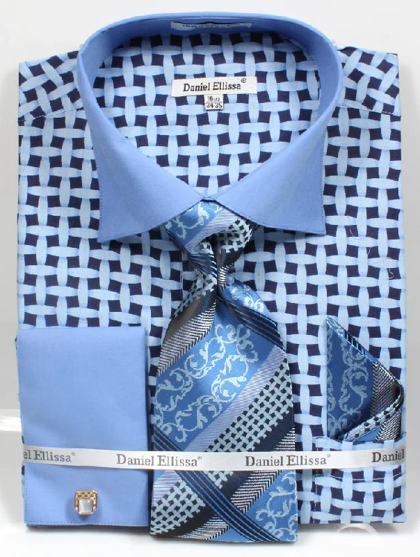 French Cuff Checker Pattern Cotton Shirt in Blue Sophisticated Men's 