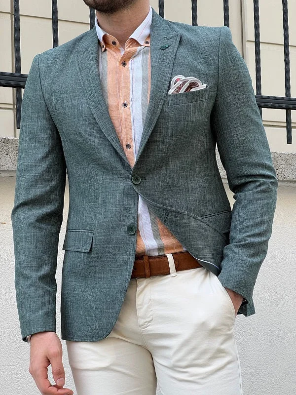 Rockford Green Slim Fit Peak Lapel Crosshatch Linen Blazer Relaxed Men's Beach