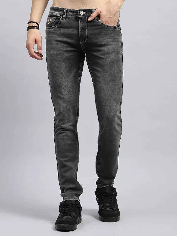 Men Grey Solid Skinny Fit Denim Edgy Men's Punk