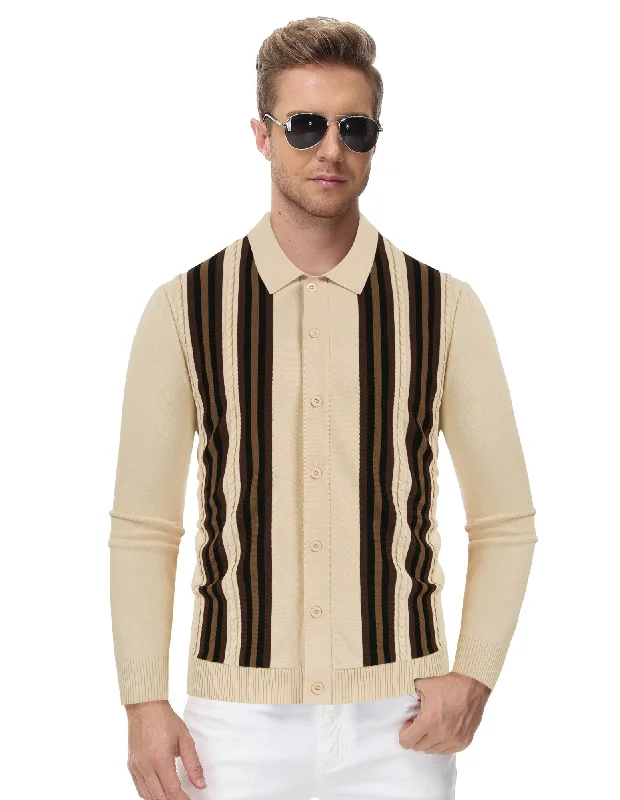 Mens Vintage Striped Knit Polo Shirt Long Sleeve Button Down Cardigan Sweater Masculine Men's 