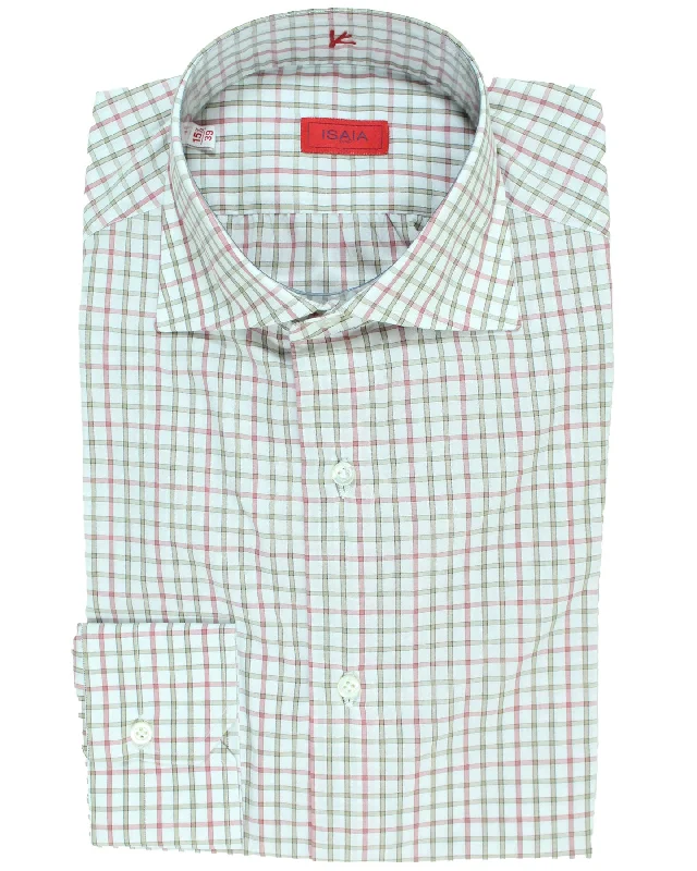 Isaia Dress Shirt White Bordeaux Taupe Check 39 - 15 1/2 Stylish Men's Tropical 