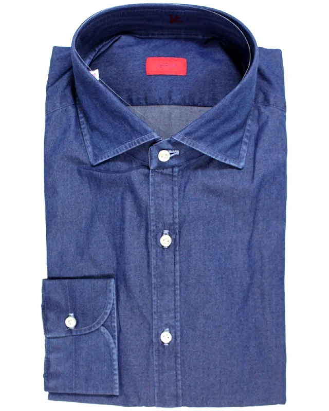 Isaia Shirt Denim Blue 44 - 17 1/3 Regular Fit Monochromatic All