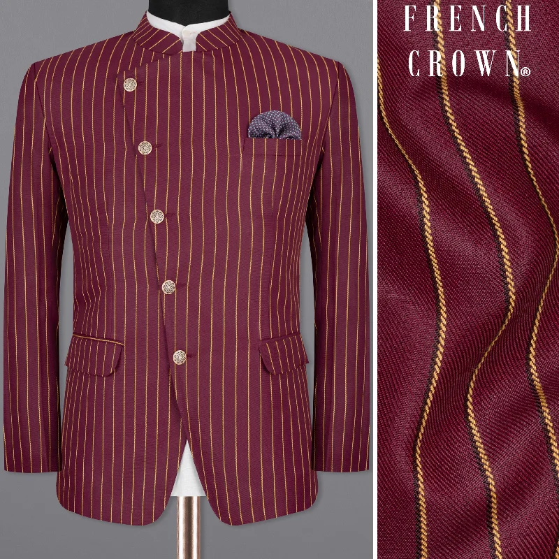 Paprika Maroon Striped Cross Placket Wool Rich Bandhgala Blazer Masculine Men's 