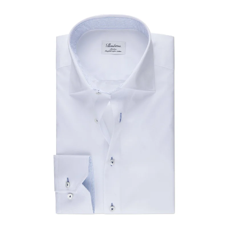 White Fitted Body Twill Shirt with Blue Contrast Details - Stenströms Modern Men's Geometric