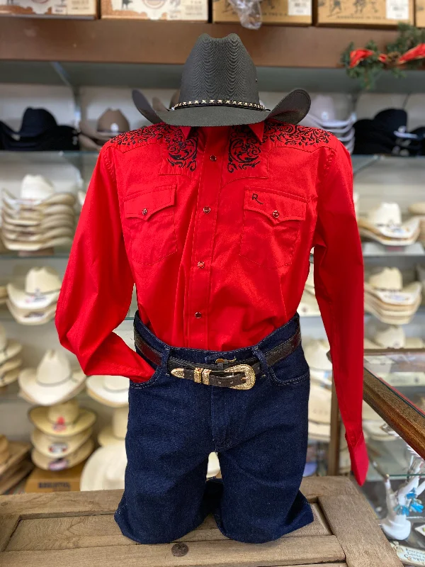 Red w/ Black Embroidered Yoke Men's Western Shirt Vacation