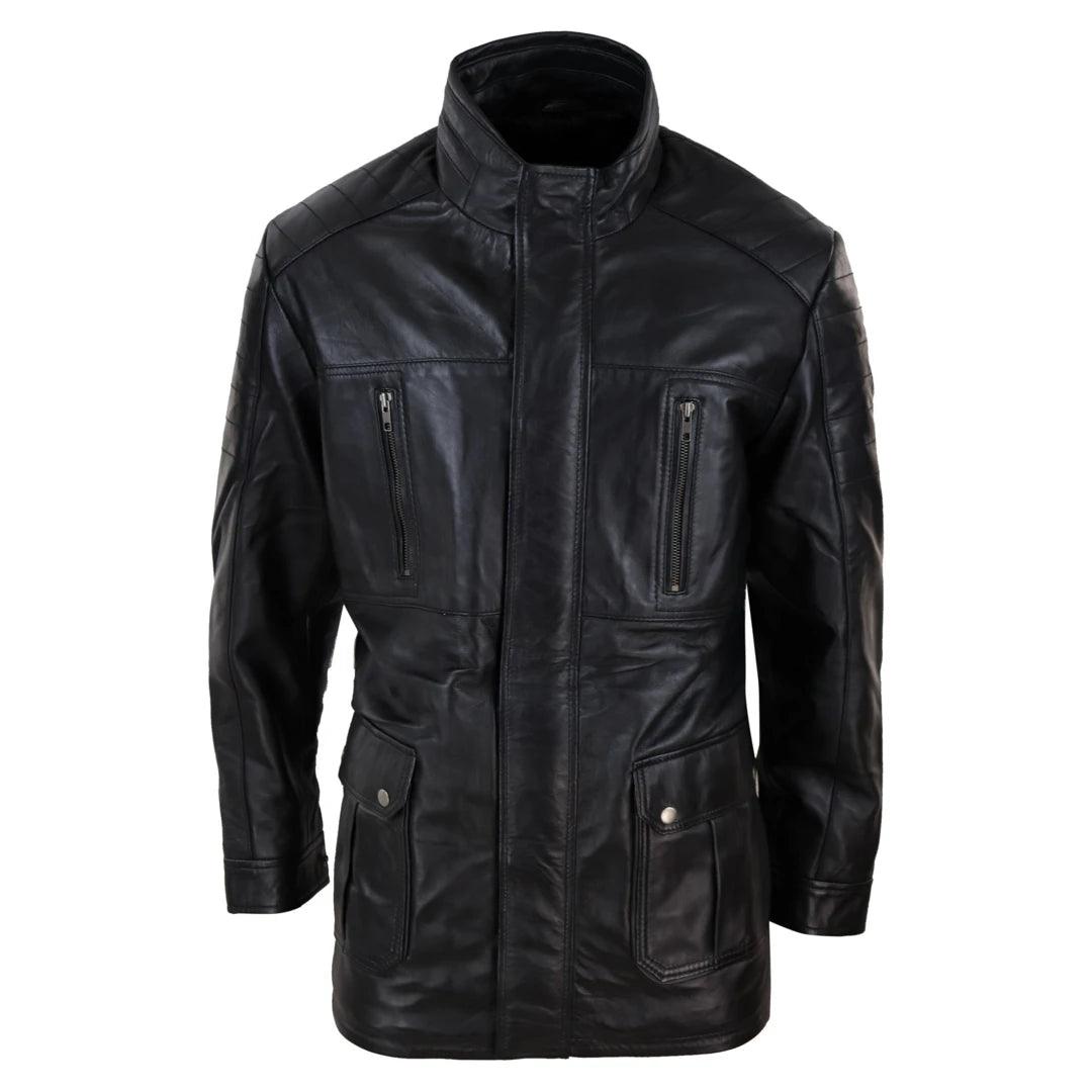 Mens 3/4 Real Leather Jacket Safari Black Brown Zipped Winter Shooting Sleek Men's Contemporary 