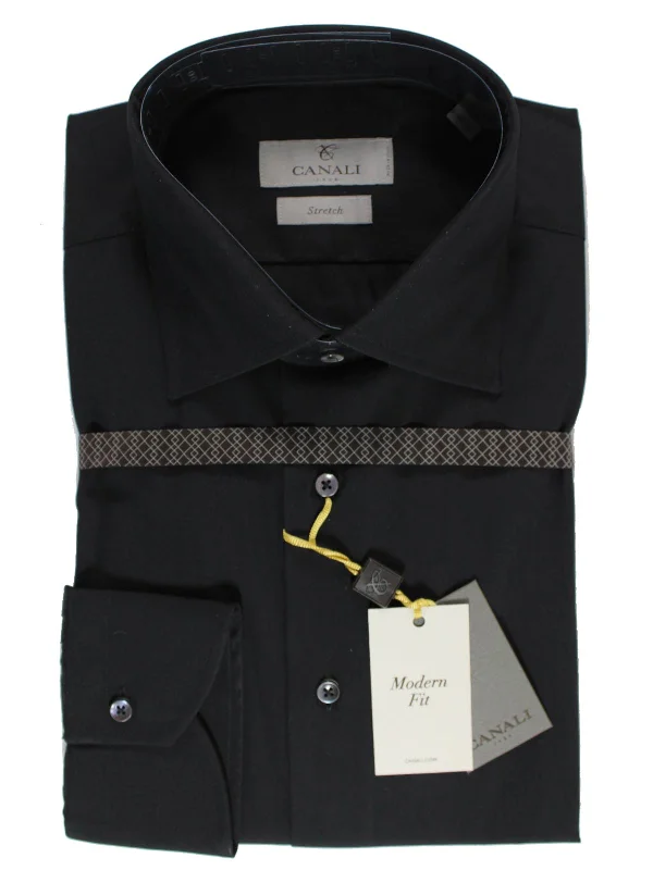 Canali Shirt Black Stretch - Modern Fit 43 -17 SALE Polished Men's Silk