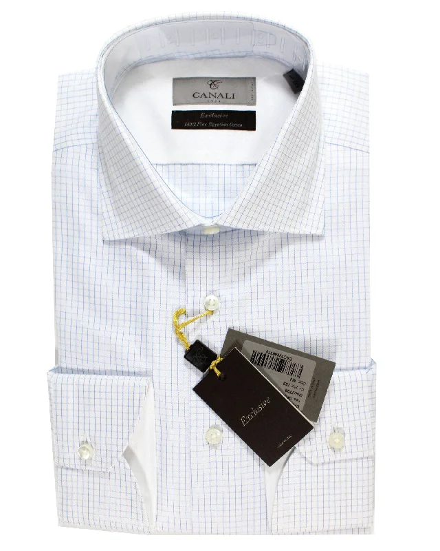 Canali Dress Shirt White Blue Graph Check Exclusive Collection - Modern Fit 39 - 15 1/2 SALE Monochromatic Office Style