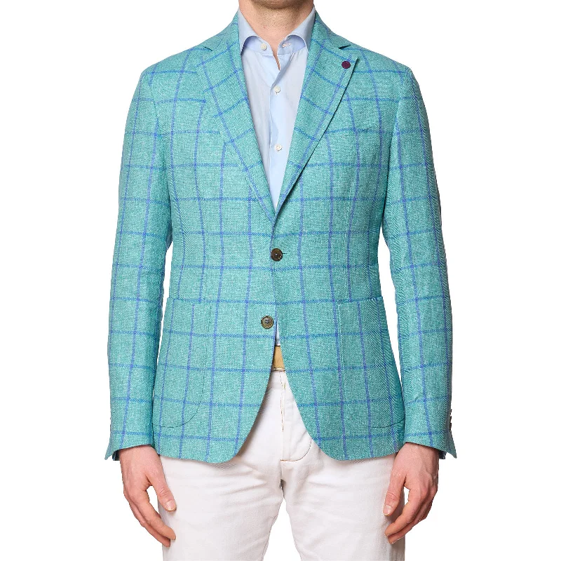 SARTORIA PARTENOPEA Turquoise Windowpane Linen-Wool-Silk Jacket EU 54 NEW US 44 Current Model Unique Men's Patch