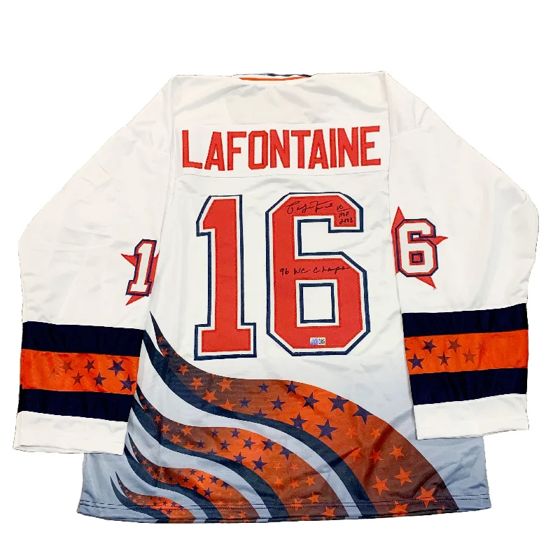 Pat LaFontaine Signed Custom Team USA Stitched Jersey with HOF 2003 + 96 W.C Champs Monochromatic Office Style