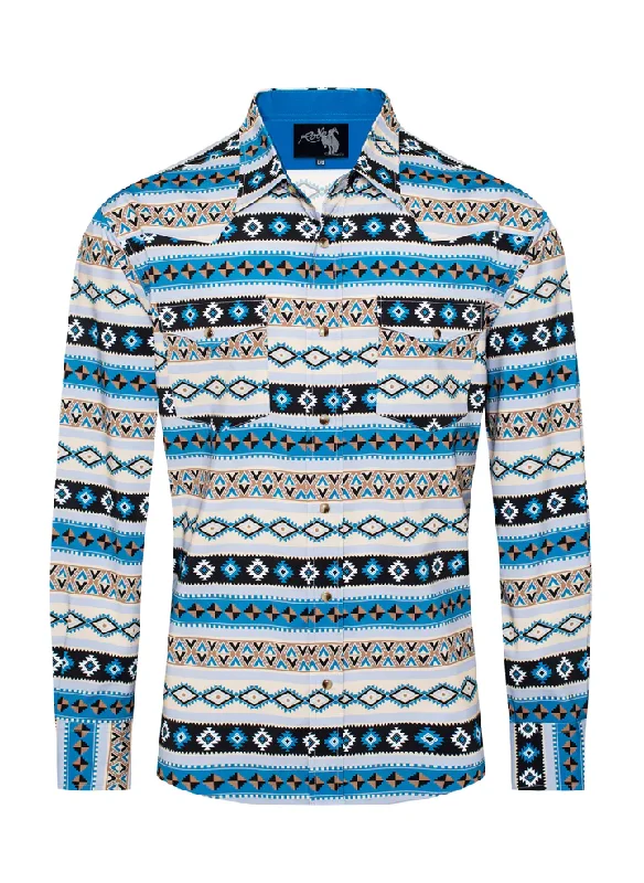 Men's Turquoise Aztec Print Pearl Snap Western Shirt Relaxed Men's Australian 