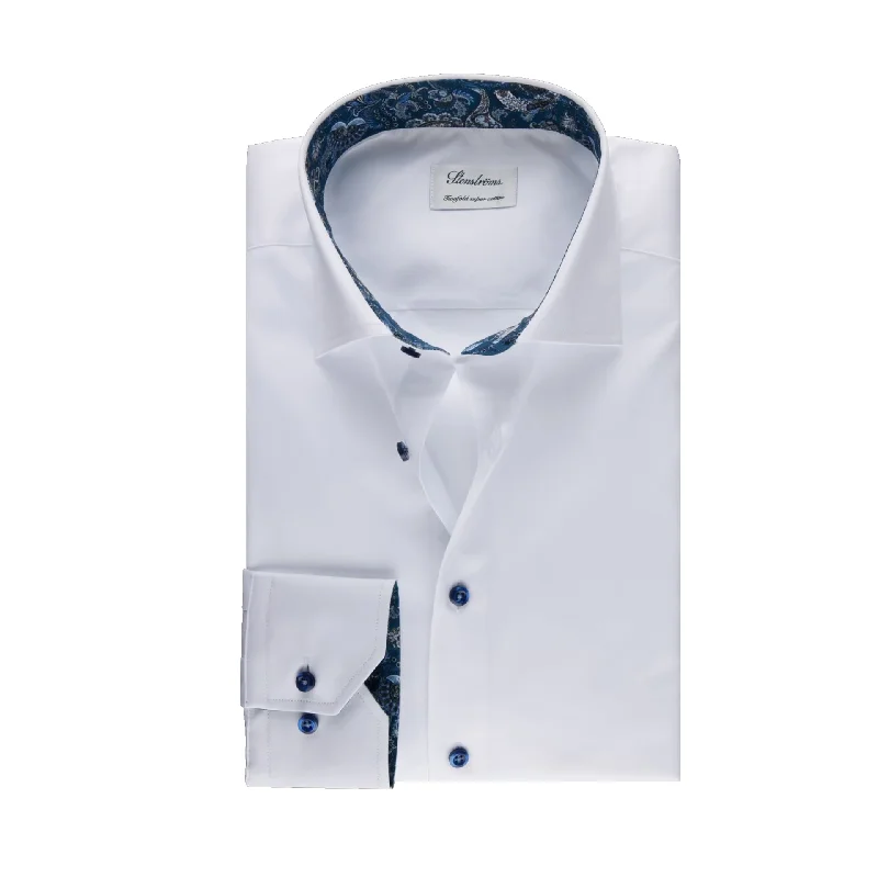 White w/ Navy Contrast Twill Fitted Body Shirt - Stenströms Cozy Men's Winter