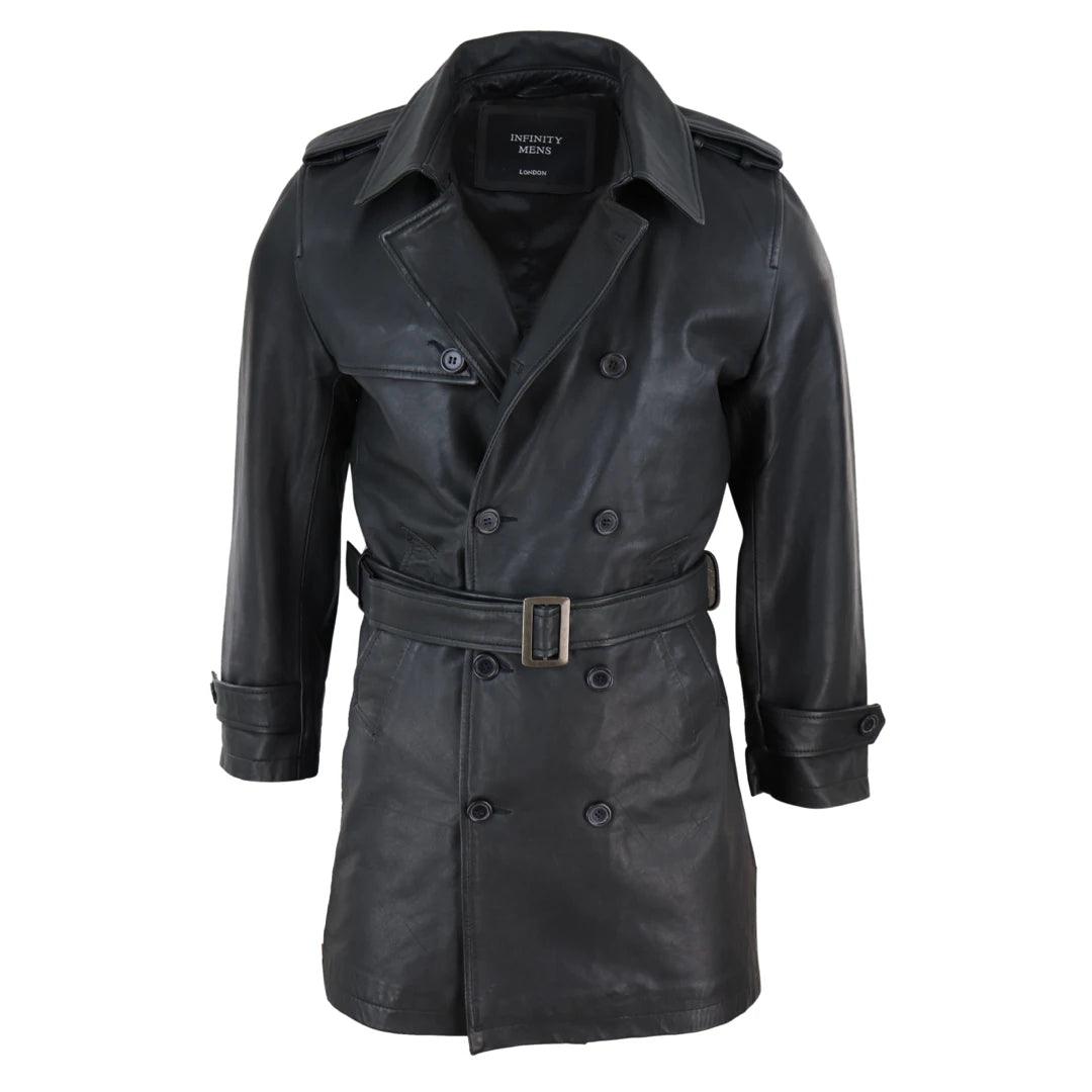 Mens Black 3/4 Trench Coat Real Leather Belted Jacket Classic Soft Napa Classic Youthful Men's Anime