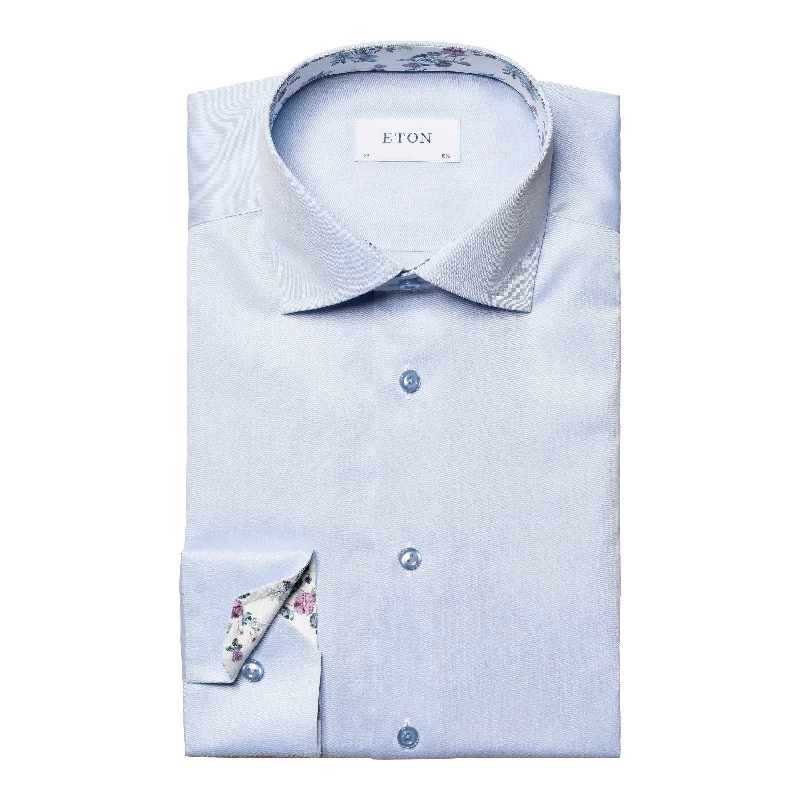 Blue Floral Print Effect Solid Signature Twill Slim Fit Shirt - ETON Modern Men's Tech