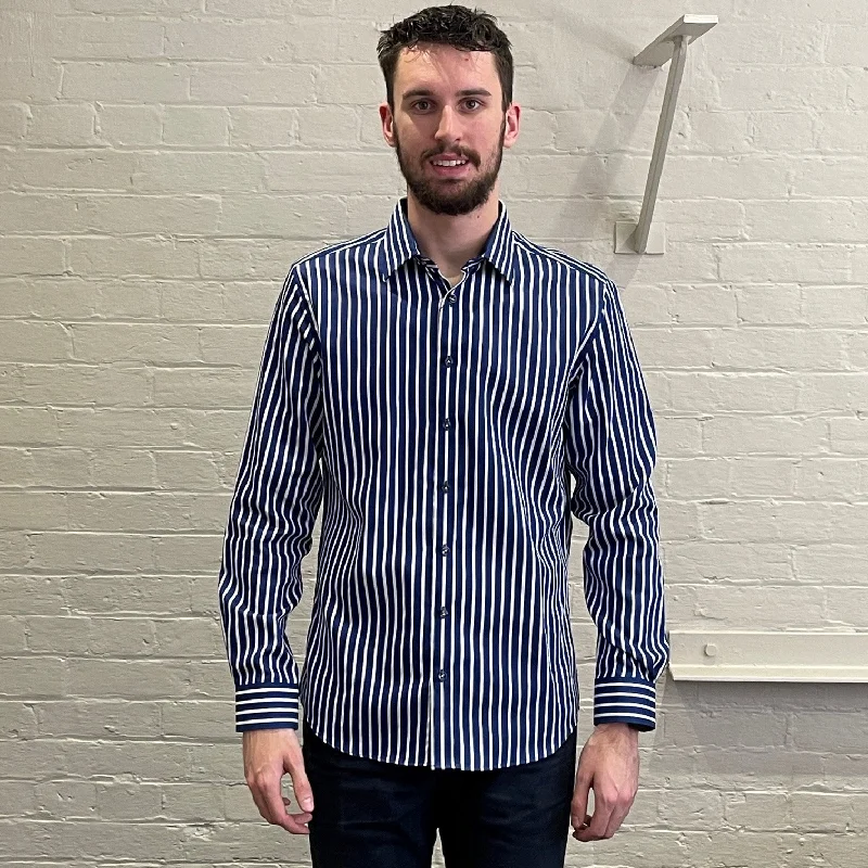 Long Sleeve Business Shirt - Striped - Navy & White Vintage Men's 1970S Disco