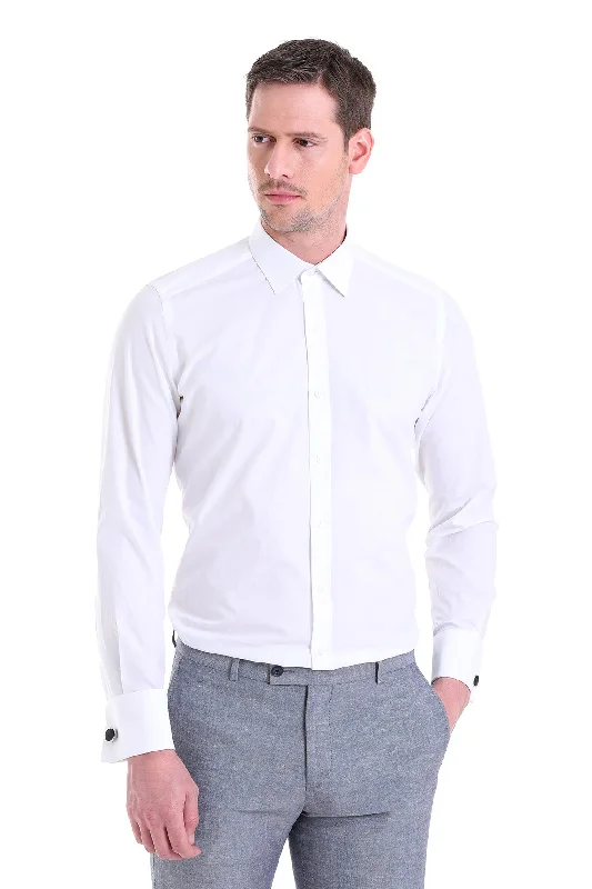 Slim Fit 100% Cotton French Cuff White Dress Shirt Tough Men's Military