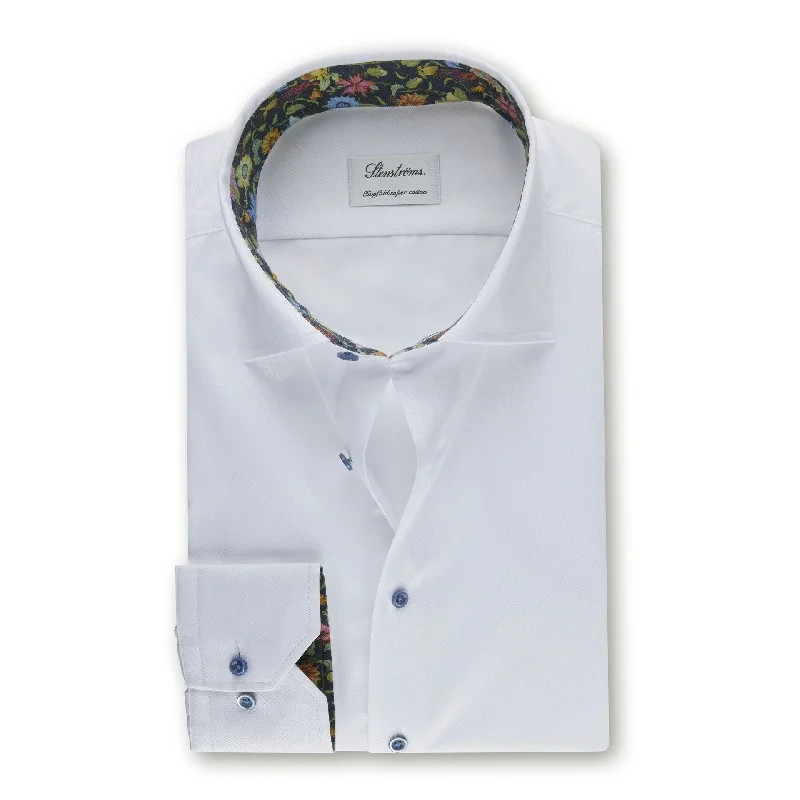 White Contrast Twill Fitted Body Shirt - Stenströms Sporty Men's Athleisure 